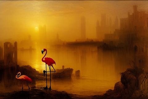 a standing zombie flamingo and a distant sunken cathedral, at dusk, by J.M.W. Turner and Ansel Adams, oil painting, detailed and beautiful, muted colors -s70 -b1 -W768 -H512 -C10.0 -mk_euler_a -S342716477